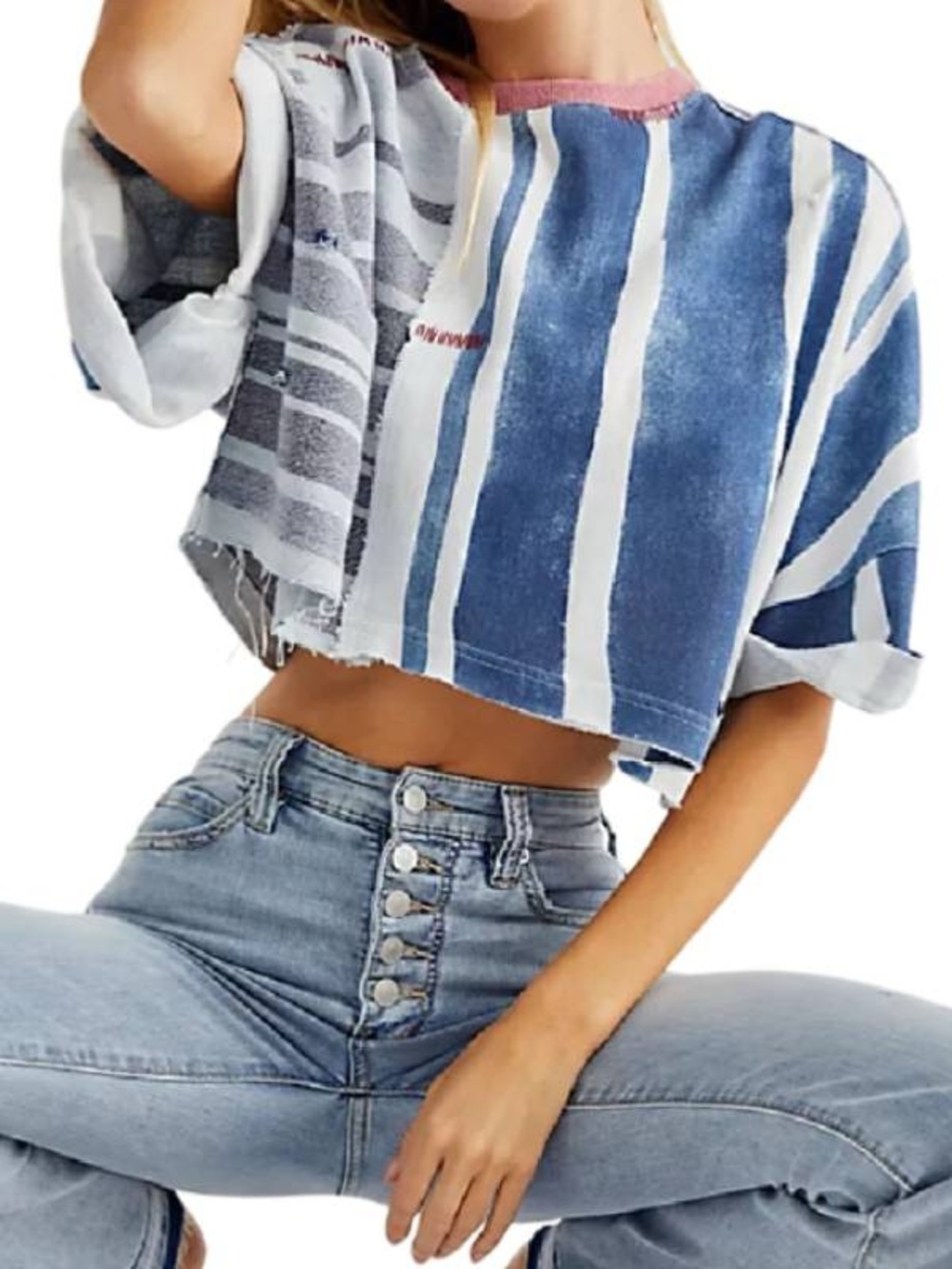 🌀▫️Free People We The Free North of North 2025 Distressed Striped Crop Top▫️🌀 - Picture 2 of 9